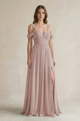 Off - the - Shoulder A - Line Chiffon Bridesmaid Dress With Slit in Toffee - KissProm Bridesmaid Dresses