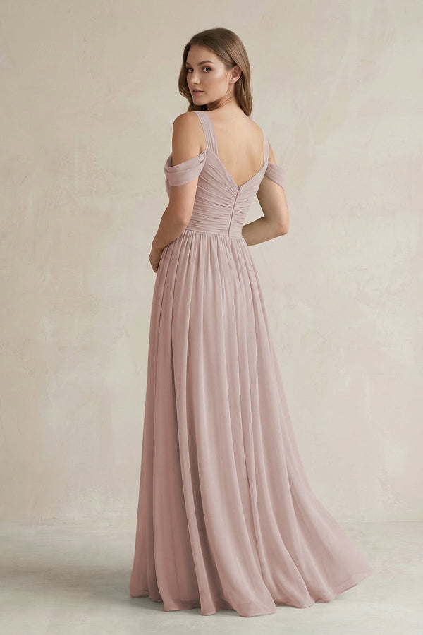 Off - the - Shoulder A - Line Chiffon Bridesmaid Dress With Slit in Toffee - KissProm Bridesmaid Dresses