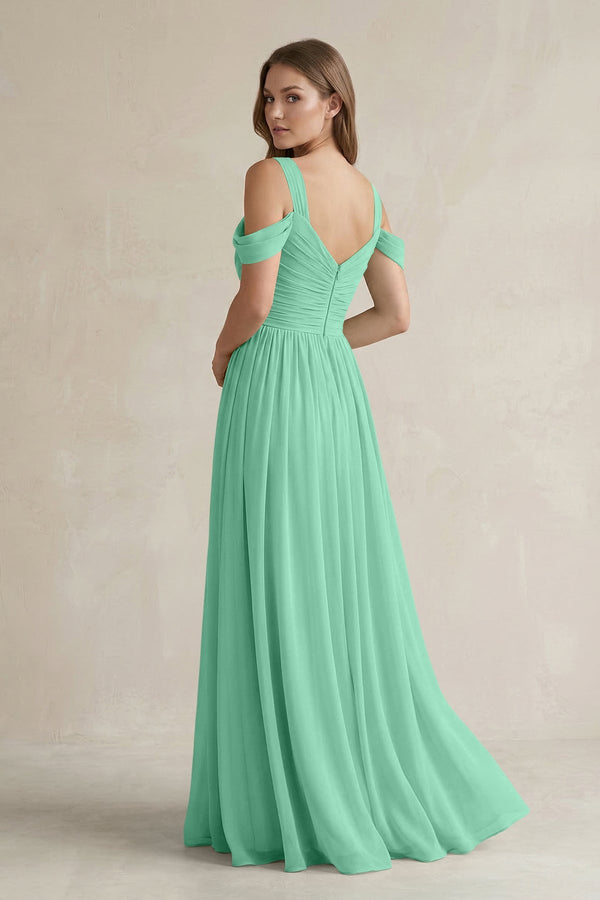 Off - the - Shoulder A - Line Chiffon Bridesmaid Dress With Slit in Turquoise - KissProm Bridesmaid Dresses