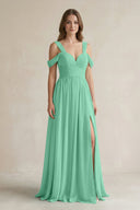 Off - the - Shoulder A - Line Chiffon Bridesmaid Dress With Slit in Turquoise - KissProm Bridesmaid Dresses