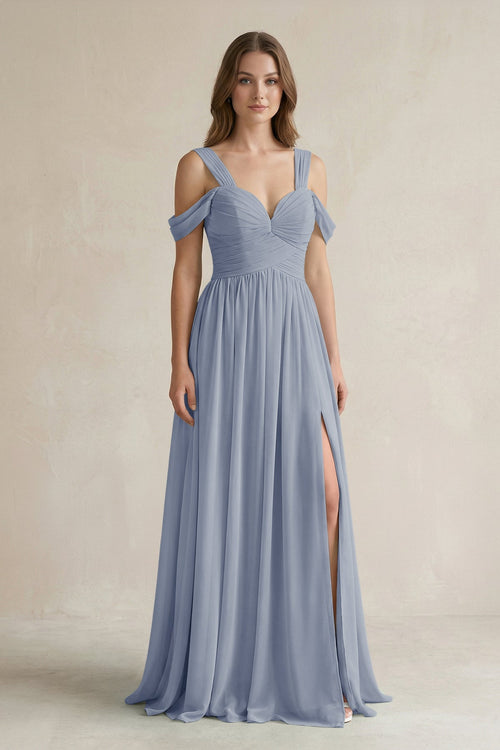 Off - the - Shoulder A - Line Chiffon Bridesmaid Dress With Slit in Twilight - KissProm Bridesmaid Dresses