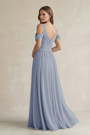 Off - the - Shoulder A - Line Chiffon Bridesmaid Dress With Slit in Twilight - KissProm Bridesmaid Dresses