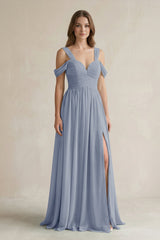 Off - the - Shoulder A - Line Chiffon Bridesmaid Dress With Slit in Twilight - KissProm Bridesmaid Dresses