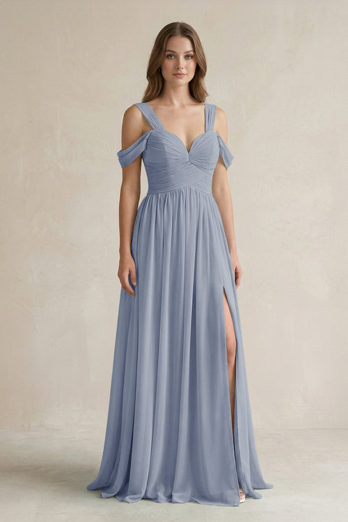 Off - the - Shoulder A - Line Chiffon Bridesmaid Dress With Slit in Twilight - KissProm Bridesmaid Dresses