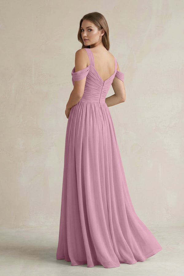 Off - the - Shoulder A - Line Chiffon Bridesmaid Dress With Slit in Vintage Mauve - KissProm Bridesmaid Dresses