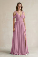 Off - the - Shoulder A - Line Chiffon Bridesmaid Dress With Slit in Vintage Mauve - KissProm Bridesmaid Dresses