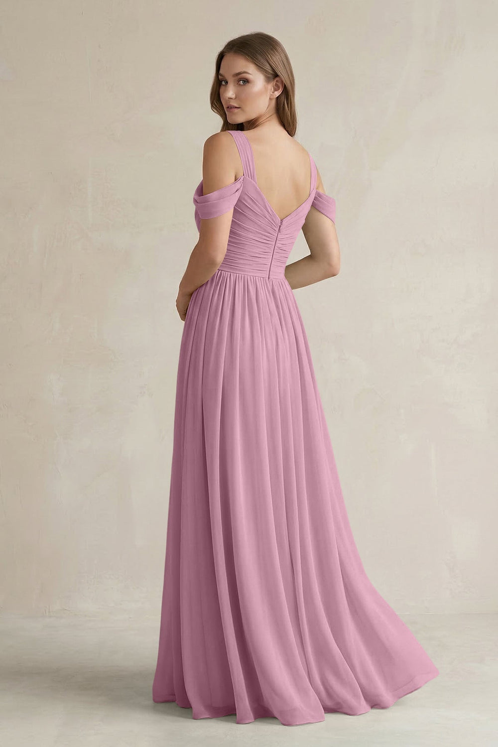 Off - the - Shoulder A - Line Chiffon Bridesmaid Dress With Slit in Vintage Mauve - KissProm Bridesmaid Dresses