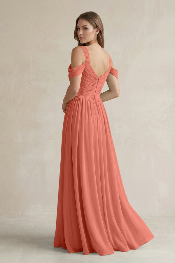 Off - the - Shoulder A - Line Chiffon Bridesmaid Dress With Slit in Wild Rose - KissProm Bridesmaid Dresses