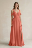 Off - the - Shoulder A - Line Chiffon Bridesmaid Dress With Slit in Wild Rose - KissProm Bridesmaid Dresses