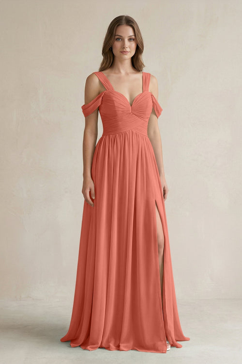 Off - the - Shoulder A - Line Chiffon Bridesmaid Dress With Slit in Wild Rose - KissProm Bridesmaid Dresses