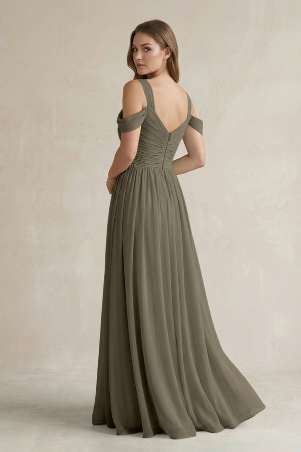 Off - the - Shoulder A - Line Chiffon Bridesmaid Dress With Slit in Willow Green - KissProm Bridesmaid Dresses