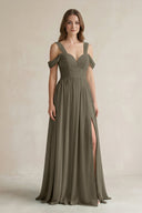 Off - the - Shoulder A - Line Chiffon Bridesmaid Dress With Slit in Willow Green - KissProm Bridesmaid Dresses