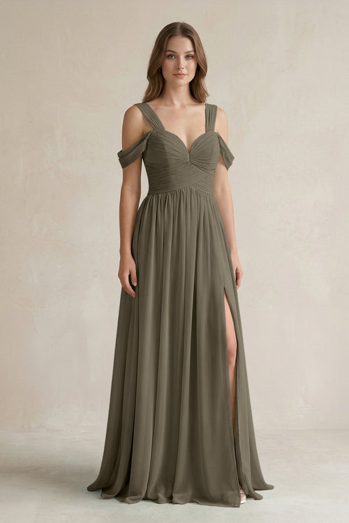 Off - the - Shoulder A - Line Chiffon Bridesmaid Dress With Slit in Willow Green - KissProm Bridesmaid Dresses