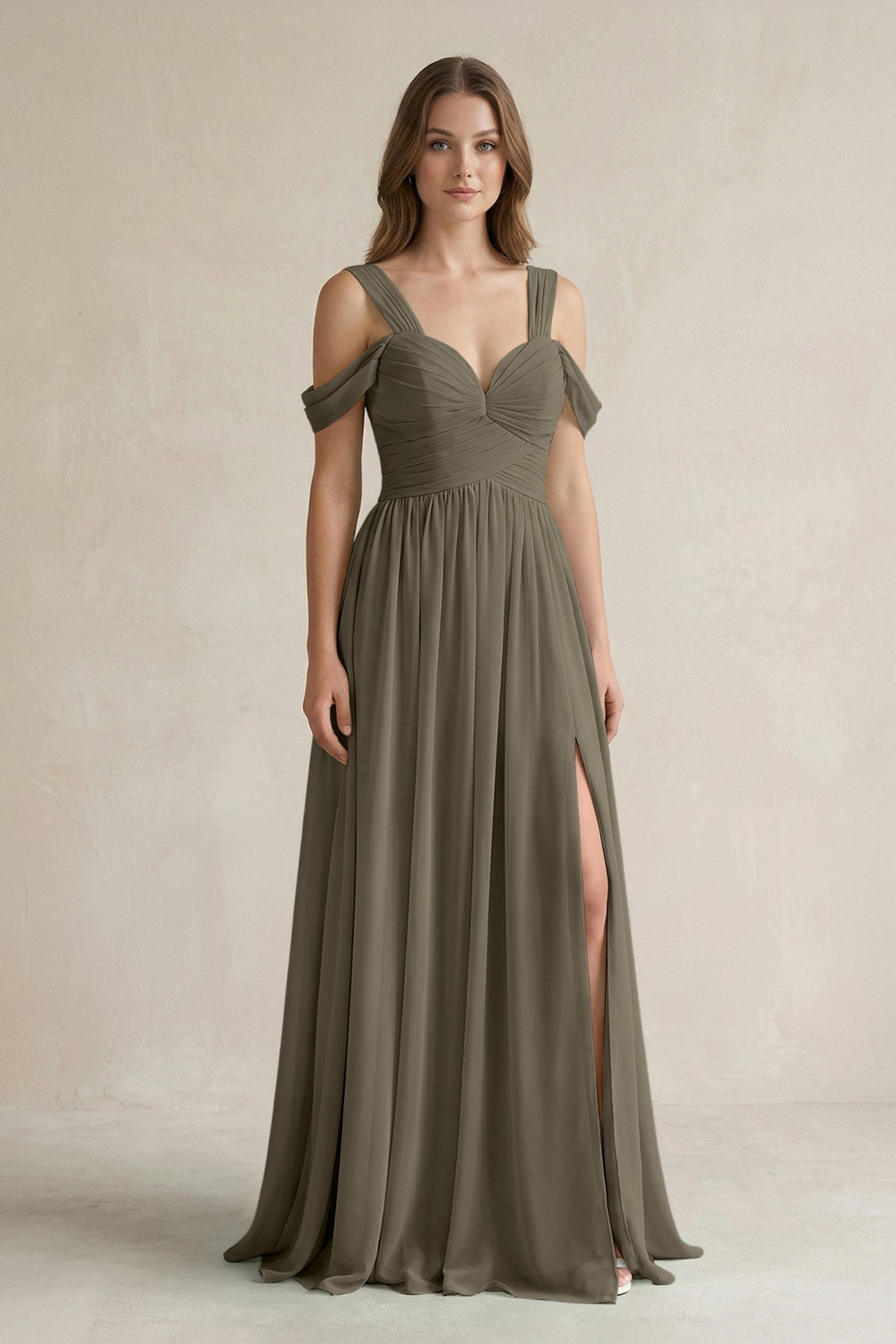 Off - the - Shoulder A - Line Chiffon Bridesmaid Dress With Slit in Willow Green - KissProm Bridesmaid Dresses