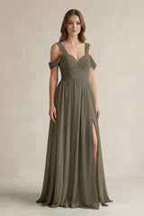 Off - the - Shoulder A - Line Chiffon Bridesmaid Dress With Slit in Willow Green - KissProm Bridesmaid Dresses
