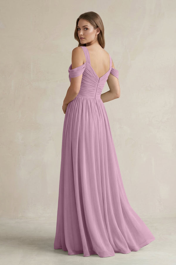 Off - the - Shoulder A - Line Chiffon Bridesmaid Dress With Slit in Wisteria - KissProm Bridesmaid Dresses