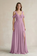 Off - the - Shoulder A - Line Chiffon Bridesmaid Dress With Slit in Wisteria - KissProm Bridesmaid Dresses