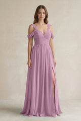 Off - the - Shoulder A - Line Chiffon Bridesmaid Dress With Slit in Wisteria - KissProm Bridesmaid Dresses