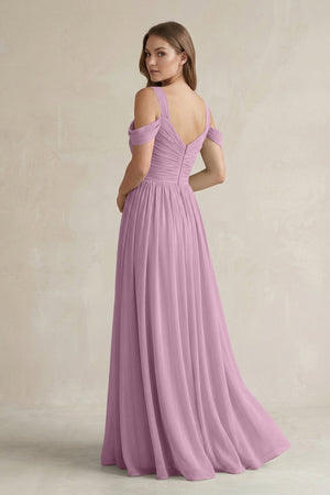 Off - the - Shoulder A - Line Chiffon Bridesmaid Dress With Slit in Wisteria - KissProm Bridesmaid Dresses