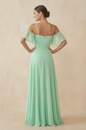 Off-the-Shoulder A-Line Chiffon Bridesmaid Dress in Pale Pistachio - KissProm BRIDESMAID DRESSES