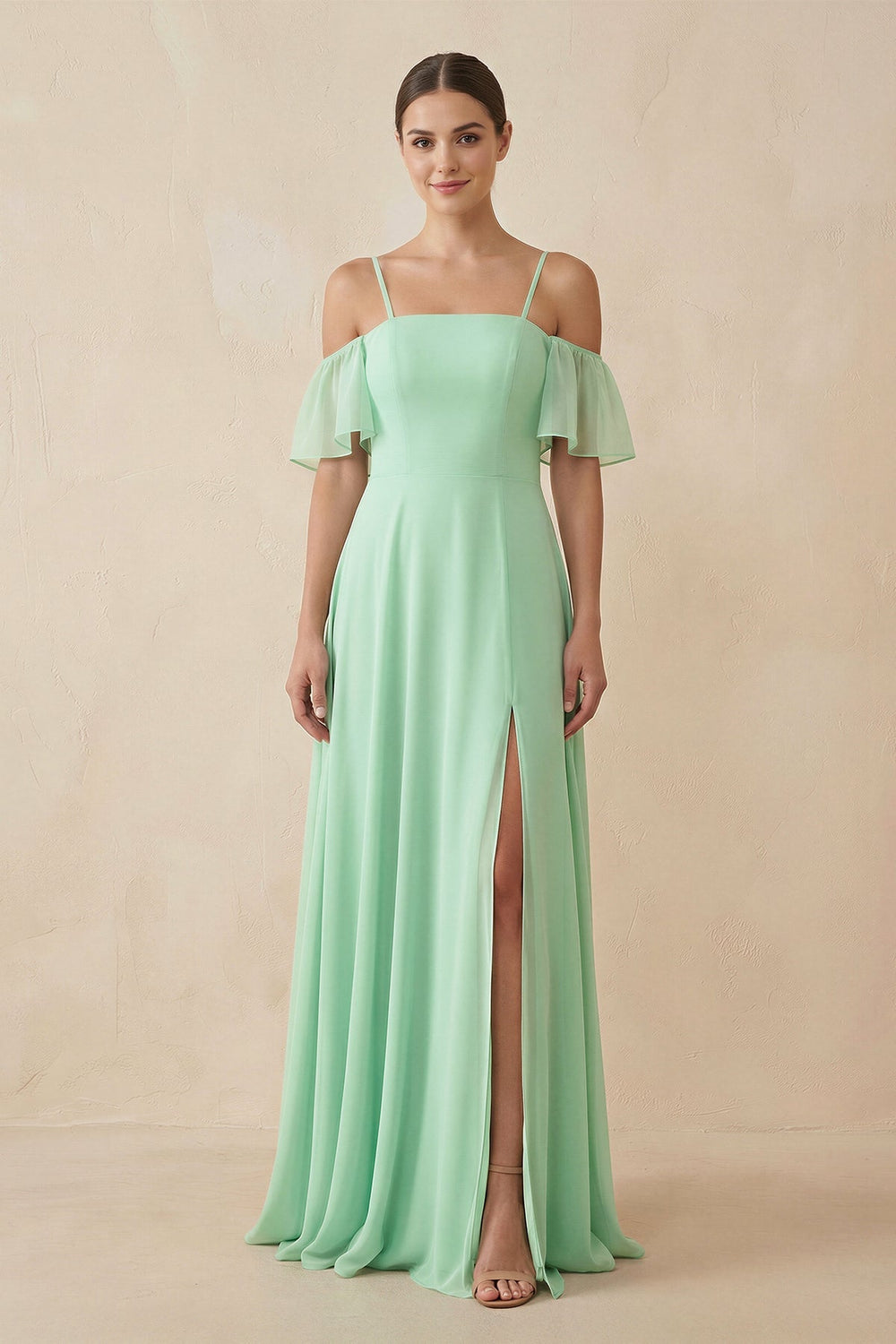 Off-the-Shoulder A-Line Chiffon Bridesmaid Dress in Pale Pistachio - KissProm BRIDESMAID DRESSES