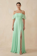 Off-the-Shoulder A-Line Chiffon Bridesmaid Dress in Pale Pistachio - KissProm BRIDESMAID DRESSES