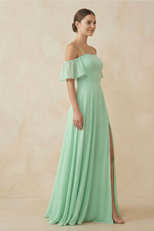 Off-the-Shoulder A-Line Chiffon Bridesmaid Dress in Pale Pistachio - KissProm BRIDESMAID DRESSES