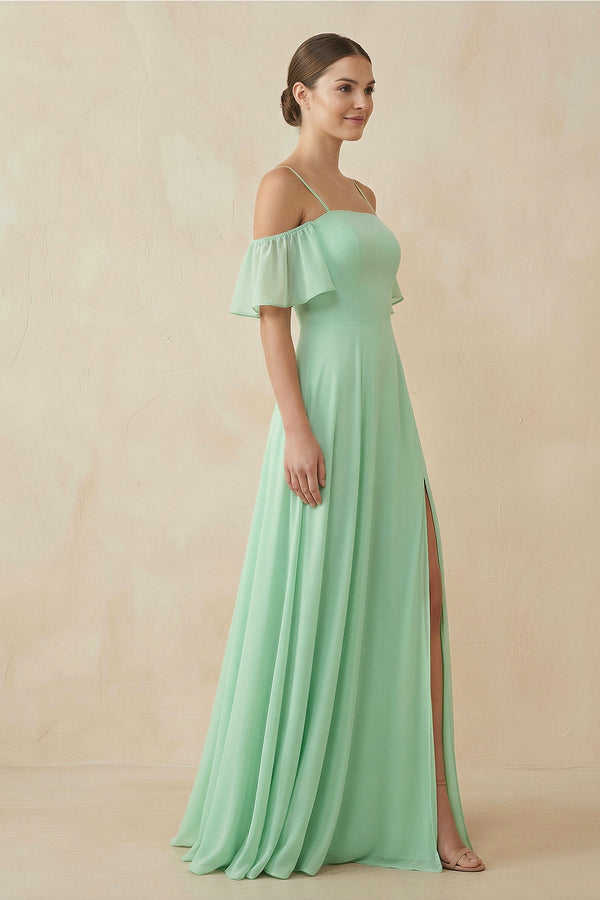 Off-the-Shoulder A-Line Chiffon Bridesmaid Dress in Pale Pistachio - KissProm BRIDESMAID DRESSES