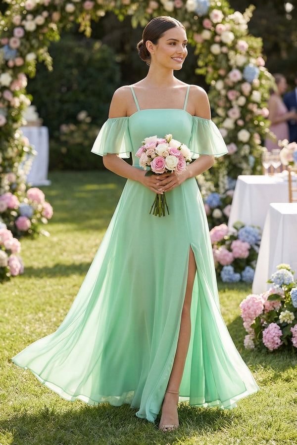 KissProm Off-the-Shoulder A-Line Chiffon Bridesmaid Dress in Pale Pistachio, Pale Pistachio / Custom Size( Free )