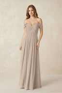 Off - the - Shoulder A - Line Chiffon Pleated Bridesmaid Dress in Almond - KissProm Bridesmaid Dresses