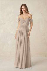 Off - the - Shoulder A - Line Chiffon Pleated Bridesmaid Dress in Almond - KissProm Bridesmaid Dresses