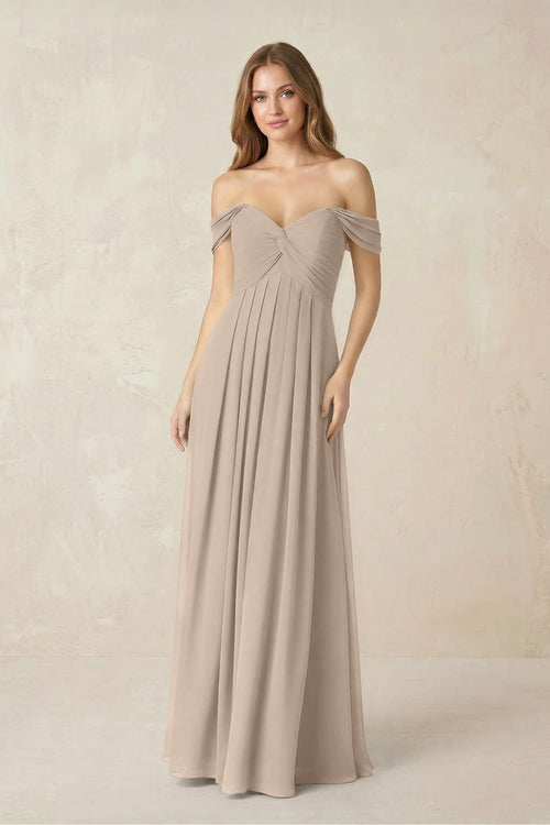 Off - the - Shoulder A - Line Chiffon Pleated Bridesmaid Dress in Almond - KissProm Bridesmaid Dresses