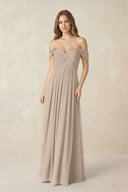 Off - the - Shoulder A - Line Chiffon Pleated Bridesmaid Dress in Almond - KissProm Bridesmaid Dresses