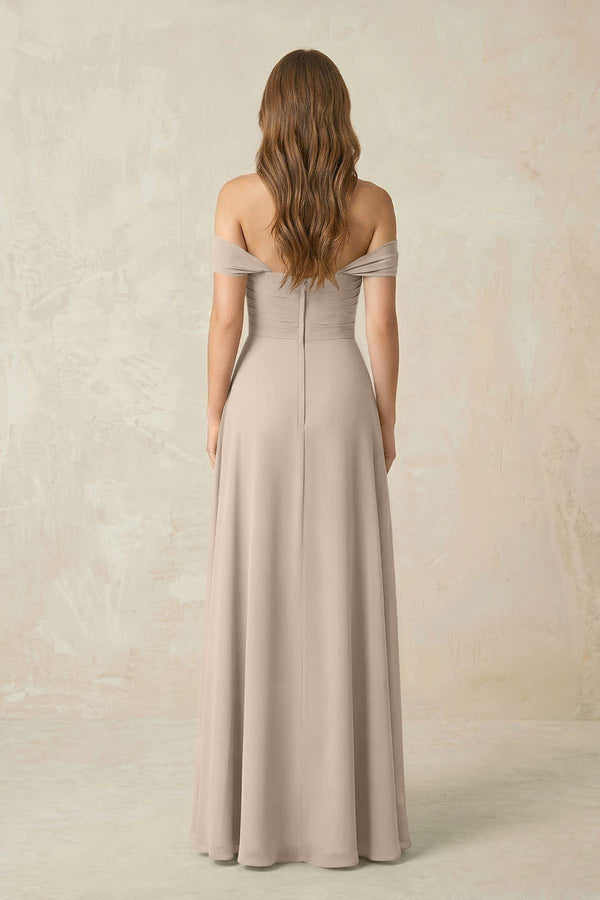 Off - the - Shoulder A - Line Chiffon Pleated Bridesmaid Dress in Almond - KissProm Bridesmaid Dresses