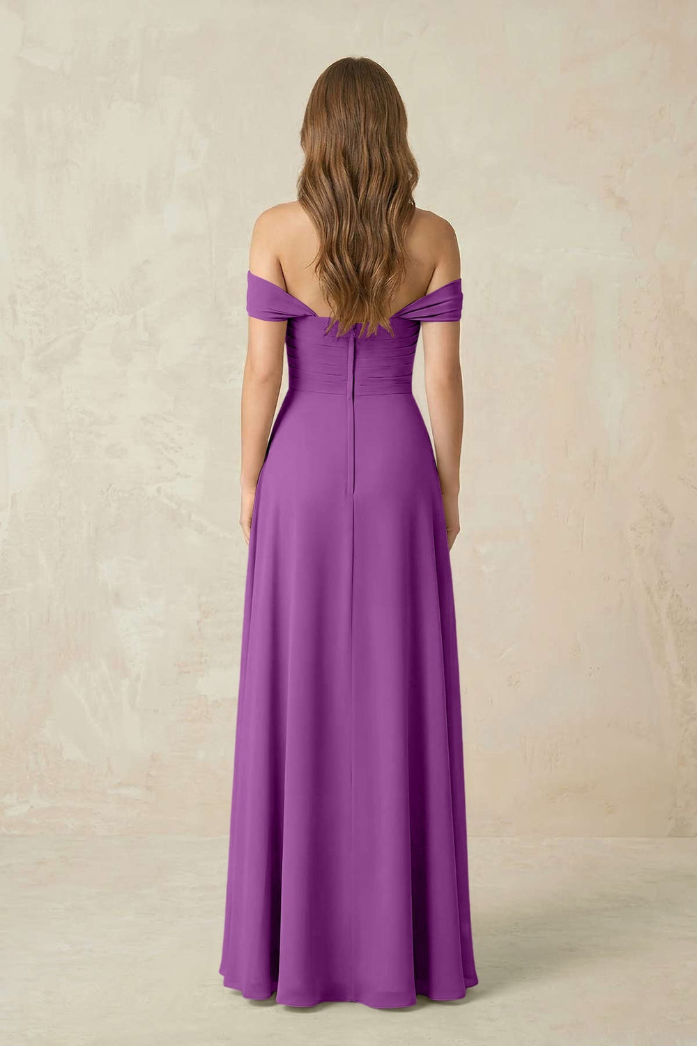 Off - the - Shoulder A - Line Chiffon Pleated Bridesmaid Dress in Amethyst - KissProm Bridesmaid Dresses