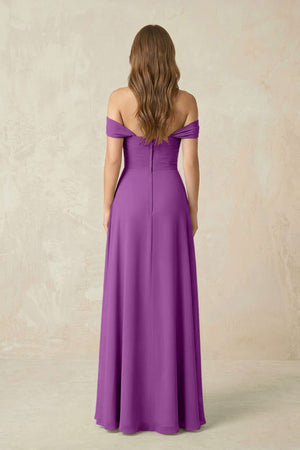 Off - the - Shoulder A - Line Chiffon Pleated Bridesmaid Dress in Amethyst - KissProm Bridesmaid Dresses