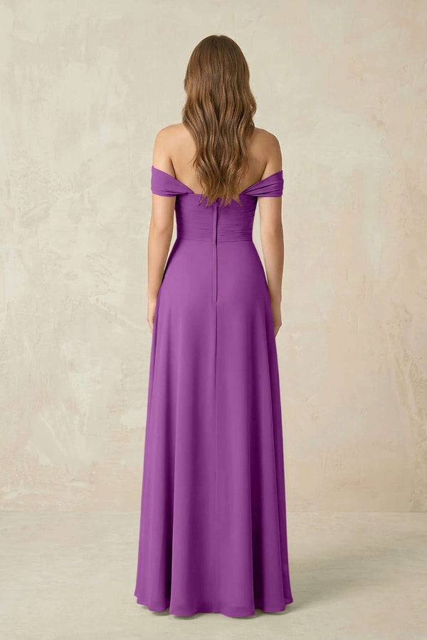 Off - the - Shoulder A - Line Chiffon Pleated Bridesmaid Dress in Amethyst - KissProm Bridesmaid Dresses