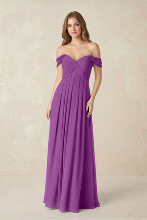 Off - the - Shoulder A - Line Chiffon Pleated Bridesmaid Dress in Amethyst - KissProm Bridesmaid Dresses