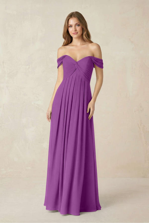 Off - the - Shoulder A - Line Chiffon Pleated Bridesmaid Dress in Amethyst - KissProm Bridesmaid Dresses