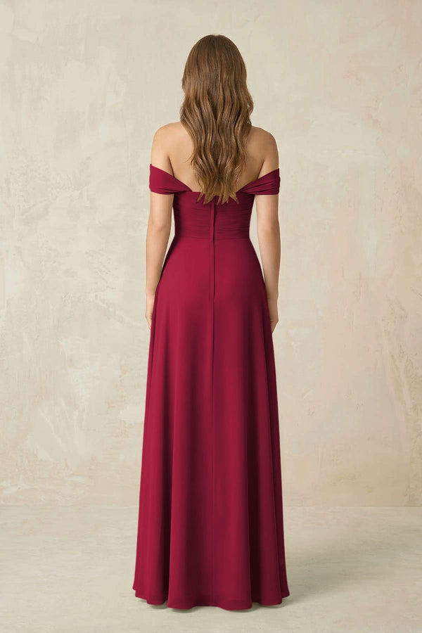 Off - the - Shoulder A - Line Chiffon Pleated Bridesmaid Dress in Berry - KissProm Bridesmaid Dresses