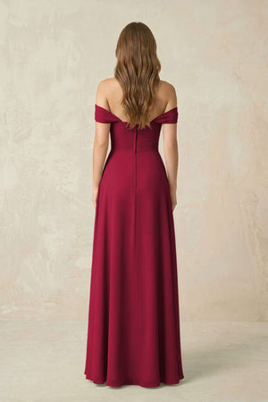 Off - the - Shoulder A - Line Chiffon Pleated Bridesmaid Dress in Berry - KissProm Bridesmaid Dresses