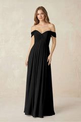 Off - the - Shoulder A - Line Chiffon Pleated Bridesmaid Dress in Black - KissProm Bridesmaid Dresses