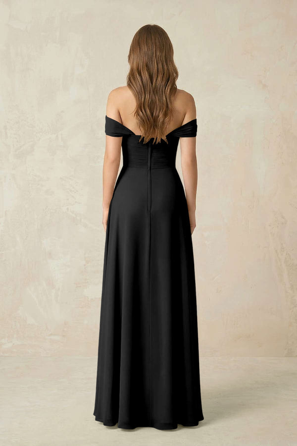 Off - the - Shoulder A - Line Chiffon Pleated Bridesmaid Dress in Black - KissProm Bridesmaid Dresses