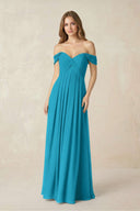 Off - the - Shoulder A - Line Chiffon Pleated Bridesmaid Dress in Blue Jay - KissProm Bridesmaid Dresses
