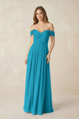 Off - the - Shoulder A - Line Chiffon Pleated Bridesmaid Dress in Blue Jay - KissProm Bridesmaid Dresses