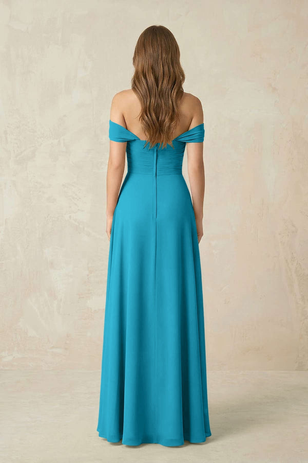 Off - the - Shoulder A - Line Chiffon Pleated Bridesmaid Dress in Blue Jay - KissProm Bridesmaid Dresses