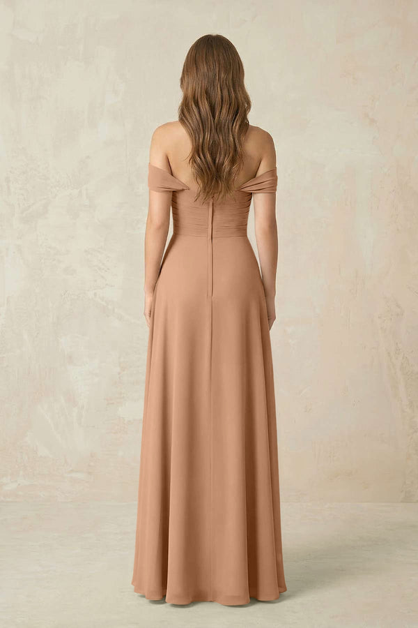 Off - the - Shoulder A - Line Chiffon Pleated Bridesmaid Dress in Bronzer - KissProm Bridesmaid Dresses