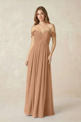 Off - the - Shoulder A - Line Chiffon Pleated Bridesmaid Dress in Bronzer - KissProm Bridesmaid Dresses