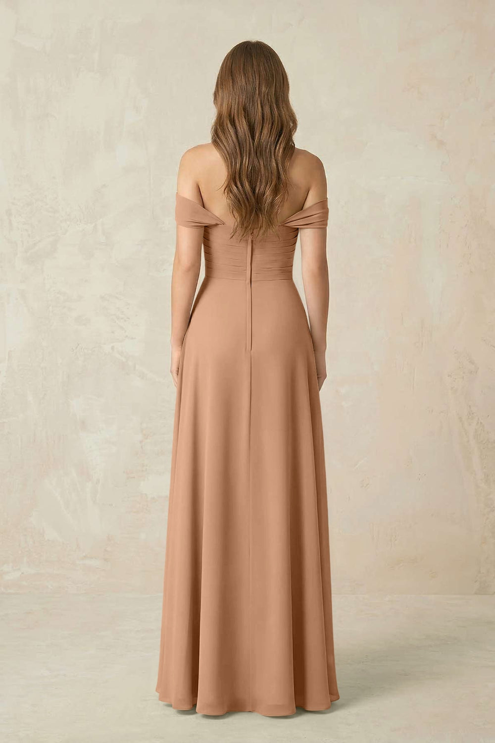 Off - the - Shoulder A - Line Chiffon Pleated Bridesmaid Dress in Bronzer - KissProm Bridesmaid Dresses