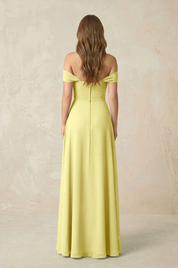 Off - the - Shoulder A - Line Chiffon Pleated Bridesmaid Dress in Buttercup - KissProm Bridesmaid Dresses